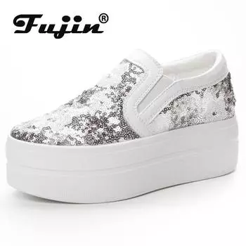 Fujin/7 см синтетическая обувь на танкетке на плоской подошве, массивные кроссовки, повседневные удобные кожаные туфли высокого качества, весенние без шнуровки, осенние туфли 34