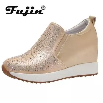 Fujin/7 см синтетические ботинки, женские туфли-лодочки из натуральной кожи с блестящими стразами, осенне-весенние пикантные модные ботильоны на платформе, ботинки на танкетке 33 чёрный