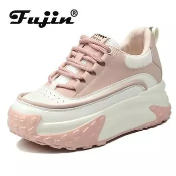 Fujin/7 см, весенне-осенние женские летние удобные туфли из натуральной кожи с высоким берцем, обувь для скейтборда, кроссовки на массивной платформе на танкетке, разноцветные 34 чёрный