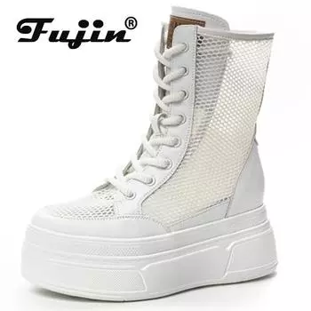 Fujin 8,5 см дышащие мотоциклетные ботильоны из лакированной кожи, женские ботинки на полой подошве, женские модные сандалии, летние