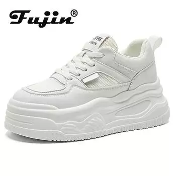 Fujin 8,5 см из синтетической сетчатой кожи на скрытом каблуке, женские летние кроссовки на танкетке на массивном каблуке, сандалии для отдыха, вулканизированная мода 34 белый