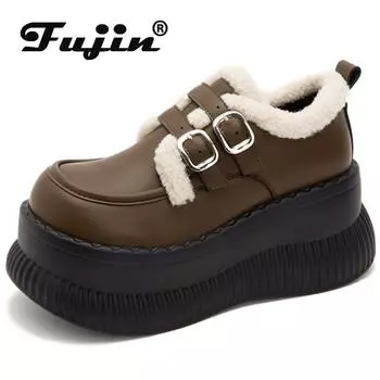 Fujin 8,5 см кожаные туфли-лодочки на танкетке из микрофибры, теплые брендовые зимние ботильоны с пряжкой на платформе, женские лоферы 34 чёрный