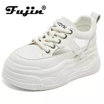 Fujin/8,5 см сандалии из натуральной кожи, ботильоны на полой подошве, женские летние мотоциклетные массивные кроссовки, мокасины с круглым носком, модная обувь