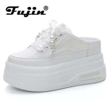 Fujin 8 см 2024 эластичная ткань в этническом стиле для отдыха на платформе, на танкетке, натуральная кожа, обувь Мэри Джейн, летние женские тапочки