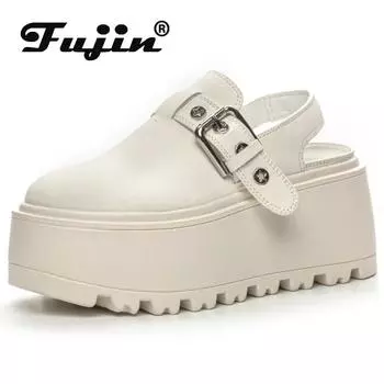 Fujin 8 см 2024 блестящие тапочки на платформе из микрофибры, женская летняя обувь, сандалии на танкетке, шлепанцы, кроссовки, тапочки без шнуровки