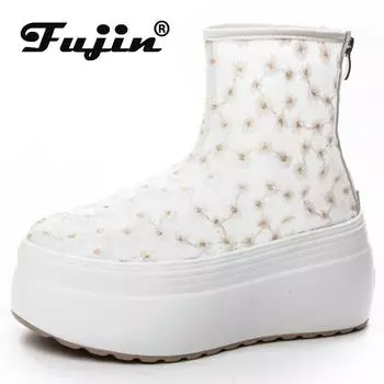 Fujin 8 см дышащие мотоциклетные ботильоны с воздушной сеткой, женские ботинки на молнии, женские модные сандалии с цветочной вышивкой, летние полые ботинки