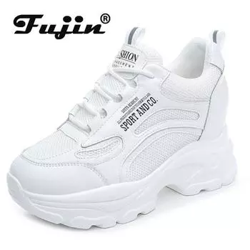 Fujin 8 см из натуральной кожи на танкетке, толстые весенне-осенние массивные кроссовки Calsua, летние зимние плюшевые туфли с вулканизированной воздушной сеткой 34