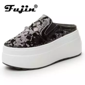 Fujin/8 см из натуральной кожи, синтетические слипоны на платформе, тапочки на танкетке, сандалии, блестящие женские туфли-лодочки, летняя модная обувь на высоком каблуке 33