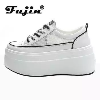 Fujin 8 см из полой воздушной сетки из коровьей кожи на танкетке, дышащие римские лаконичные вулканизированные летние женские массивные кроссовки 33 чёрный