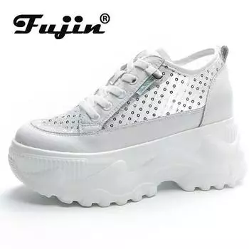 Fujin 8 см кружево с блестками из воздушной сетки коровья натуральная кожа массивные кроссовки на танкетке дышащие полые вулканизированные летние женские кроссовки 34 белый