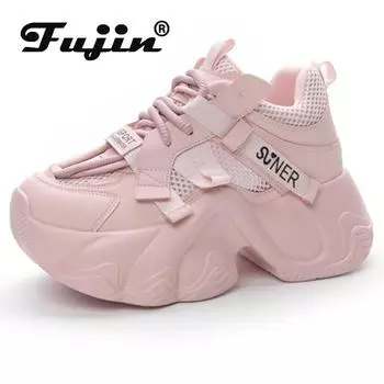 Fujin 8 см микрофибра из синтетической сетки на платформе, танкетка, элитные брендовые туфли на плоской подошве, блестящие летние модные массивные кроссовки, повседневная удобная обувь
