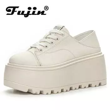 Fujin 8 см натуральная кожа женская повседневная обувь весенние женские модные кроссовки толстые супер толстые платформы клинья скейтборд 33 чёрный