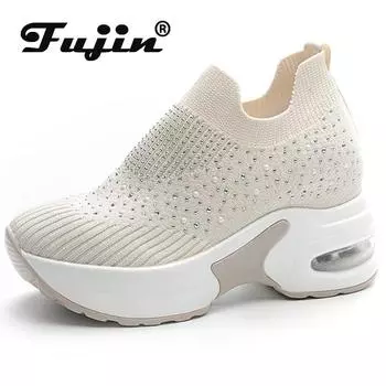 Fujin, 8 см, носки из эластичной ткани, вязаные весенне-осенние носки на платформе, на танкетке, без шнуровки, блестящие женские модные ботильоны со стразами, обувь 34 бежевый