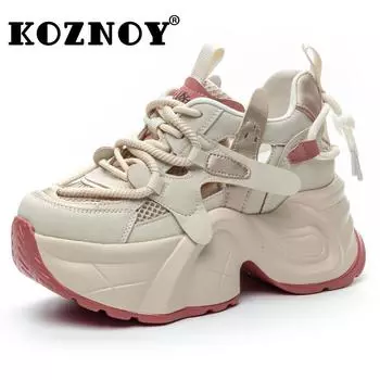 Fujin/8 см, новые массивные кроссовки из синтетической кожи с воздушной сеткой, дышащие женские туфли на танкетке на полой платформе в этническом стиле, летние сандалии на плоской подошве