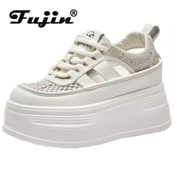 Fujin/8 см, новые массивные кроссовки из синтетической кожи с воздушной сеткой, дышащие женские туфли на танкетке на полой платформе, сандалии на плоской подошве, летние этнические сандалии