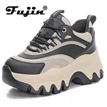 Fujin/8 см разноцветные женские вулканизированные кроссовки из микрофибры, женские весенне-осенние устойчивые кроссовки на высокой платформе со шнуровкой, модная обувь