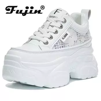Fujin/8 см сандалии из синтетической кожи с воздушной сеткой, вулканизированный скрытый каблук на платформе, блестящие массивные кроссовки на танкетке, летняя женская обувь на полой основе 34 белый