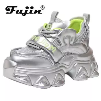 Fujin 8 см сетчатая синтетическая кожа на платформе, удобные дышащие кроссовки на массивной платформе, повседневная летняя обувь высокого бренда на плоской подошве 34