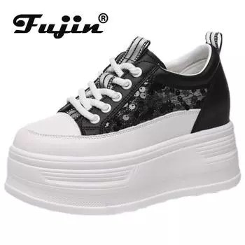 Fujin 8 см сетчатая синтетическая кожа на платформе, массивные кроссовки на танкетке, повседневные брендовые кроссовки на плоской подошве, летняя удобная дышащая обувь на полой подошве 34 чёрный