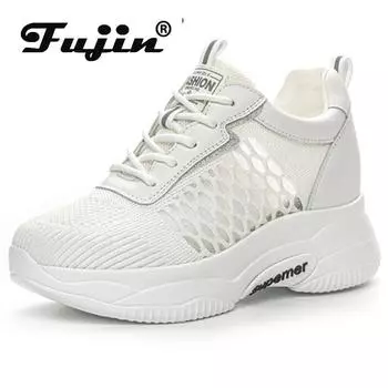 Fujin 8 см сетчатые носки трикотажные летние туфли на танкетке на плоской подошве, полые кроссовки на массивном каблуке, дышащие удобные женские сандалии, шлепанцы