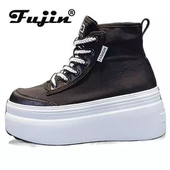 Fujin 8 см синтетическая джинсовая ткань на танкетке для отдыха вулканизированные ботильоны до середины икры дышащие весенне-осенние женские мягкие ботинки 33 чёрный