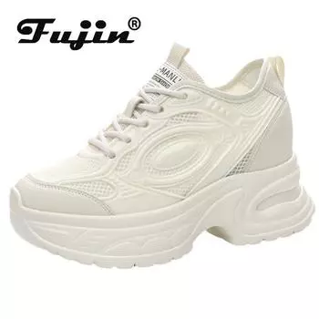 Fujin/8 см синтетическая кожаная обувь на шнуровке на плоской подошве, женские массивные кроссовки, вулканизированные модные летние удобные ботильоны, ботильоны 34 белый