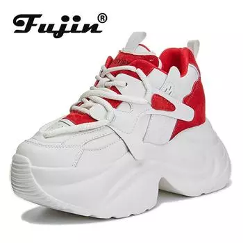 Fujin/8 см синтетические массивные кроссовки из коровьей кожи, женская обувь до щиколотки, модная брендовая обувь на платформе, осенне-весенняя кожаная обувь на танкетке