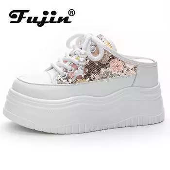 Fujin 8 см синтетические слипоны на платформе, женские туфли-лодочки ROME, летние тапочки, модные блестящие сандалии, массивные кроссовки, обувь