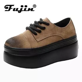 Fujin/8 см замшевые ботинки на платформе из натуральной кожи, женские весенние осенние ботинки на танкетке, снимающие давление, модные ботильоны с высоким берцем 33 чёрный