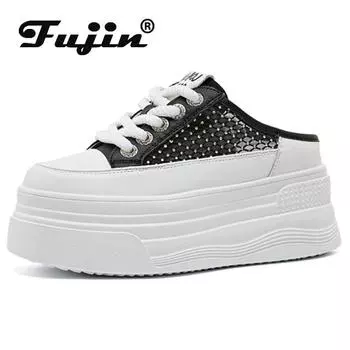 Fujin 8CM Air Mesh Synthetic Slippers Ladies Summer Sandal Shoes Platform Wedge Round Toe High Brand Breathable Women Fashion