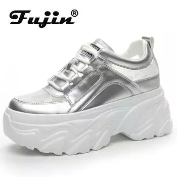 Fujin 9 см из синтетической кожи на платформе, массивные кроссовки на платформе, женские летние удобные дышащие женские повседневные туфли 34 белый