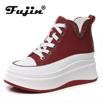 Fujin 9 см Новые туфли на танкетке и платформе из натуральной кожи со скрытым каблуком Женские ботильоны на лето, весну и осень, кроссовки, мода 34 чёрный