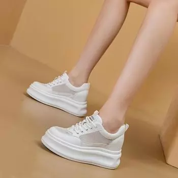 Fujin 9 см сетчатые кроссовки с воздухопроницаемой подошвой, дышащая летняя обувь из натуральной кожи на платформе и танкетке, модная женская обувь на весну и осень, вулканизированная обувь 34 белый