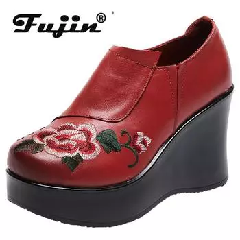 Fujin/9 см туфли на плоской подошве на танкетке, весенняя обувь на молнии Мэри Джейн, женская осенняя женская обувь из натуральной кожи с этнической вышивкой, летняя круглая платформа 35 чёрный