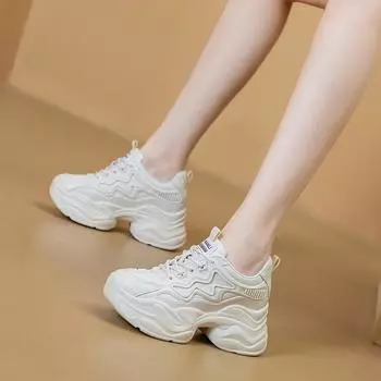 Fujin 9 см сетчатые кроссовки с толстыми дышащими вставками из натуральной кожи на платформе и танкетке, модные женские весенние вулканизированные 34 бежевый