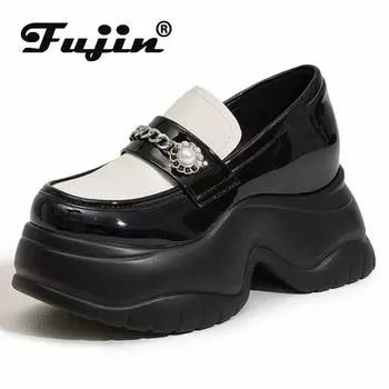 Fujin 9 см Новые туфли из микрофибры на лето, модные туфли на танкетке и платформе высокого бренда на весну и осень 34 чёрный
