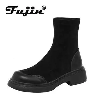 Fujin, ботильоны из эластичной ткани, 5 см, носки, слипоны из спандекса, Высокие модные женские туфли выше колена, весенне-осенняя обувь на платформе, туфли на танкетке 35 чёрный