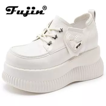 Fujin ботильоны на танкетке из лакированной микрофибры 9 см, модные осенние мягкие туфли-лодочки из высококачественной кожи, весенняя женская обувь на платформе 34 чёрный