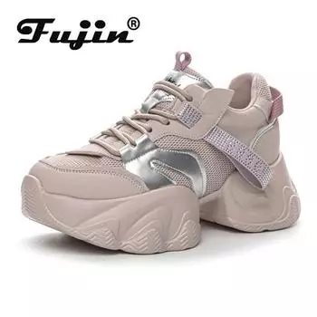 Fujin/ботинки на сетчатой платформе 8 см, массивные кроссовки для женщин, весна-осень-лето, удобная дышащая женская повседневная обувь 34 бежевый