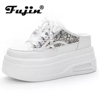 Fujin Этническая ткань стрейч 8,5 см, подлинная обувь Мэри Джейн для отдыха, летние шлепанцы на платформе, женские туфли на танкетке из натуральной кожи
