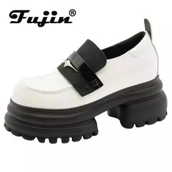 Fujin/кеды на танкетке из лакированной кожи из искусственной кожи 8 см, женские весенне-осенние женские туфли-лодочки на массивном каблуке, плюшевые туфли-лодочки, туфли Мэри Джейн 33 белый