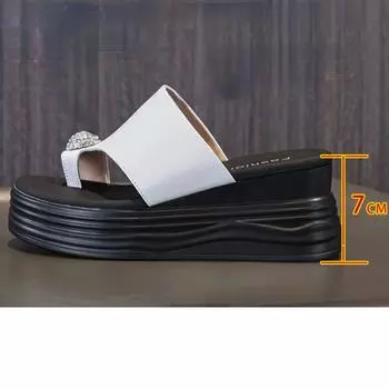 Fujin/летние женские тапочки из натуральной кожи с застежкой на носок, 7 см, туфли-лодочки на платформе, женские модные сандалии на танкетке, туфли на плоской подошве со стразами 34 чёрный