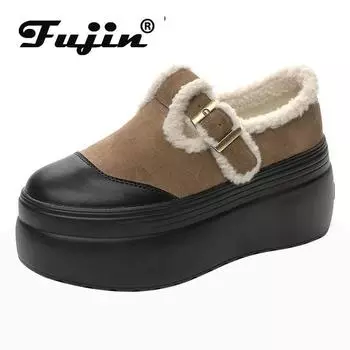 Fujin/Новая замшевая женская обувь на танкетке из натуральной кожи 8 см, повседневная зимняя обувь на танкетке, женские модные ботильоны с плюшевым мехом 33 чёрный