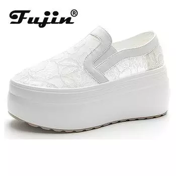 Fujin/Новинка 2023 года, 8 см, кружевная модная летняя обувь на танкетке, повседневные удобные сандалии на танкетке, брендовая дышащая обувь высокого качества 33 бежевый