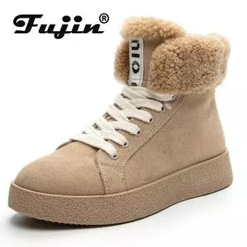 Fujin/Новинка 3 см, британские замшевые женские плюшевые ботильоны на платформе на плоской подошве, мотоциклетная обувь в стиле панк, весенне-осенне-зимняя обувь 35 абрикосовый
