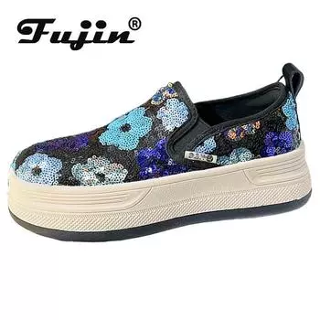 Fujin/Новинка 5 см, сетчатая синтетическая платформа на танкетке, летние блестящие кожаные удобные брендовые кроссовки без шнуровки на плоской подошве, массивные повседневные кроссовки 34 чёрный