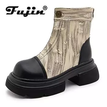 Fujin/Новые джинсовые ботильоны до середины икры из натуральной кожи 6 см, ботинки на платформе, осень-весна, женская мотоциклетная обувь на толстом каблуке 35 бежевый