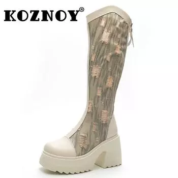 Fujin/Новые джинсовые ботинки до середины икры на толстом каблуке 10 см, осенне-весенние женские мотоциклетные сапоги до колена, обувь на платформе 34 бежевый