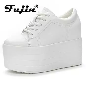 Fujin/Новые кожаные осенне-весенние ботинки на танкетке из синтетической кожи на платформе 12 см, женские ботильоны высокого бренда, модные туфли на высоком каблуке 33 чёрный