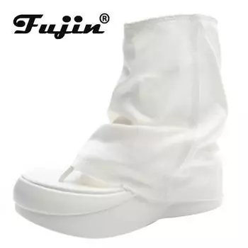 Fujin/Новые летние парусиновые женские ботильоны до середины икры, 6 см, на платформе, на танкетке, на плоской подошве, на массивном высоком каблуке, с открытым носком, с открытым носком, ботильоны 34 белый